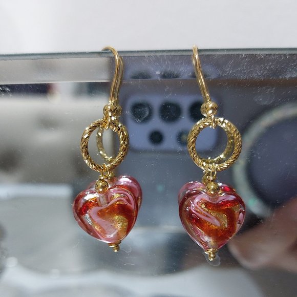 Ross Simons Italian Murano Glass Gold Heart Drop Earrings in 18kt Gold Over Ster - Picture 2 of 12